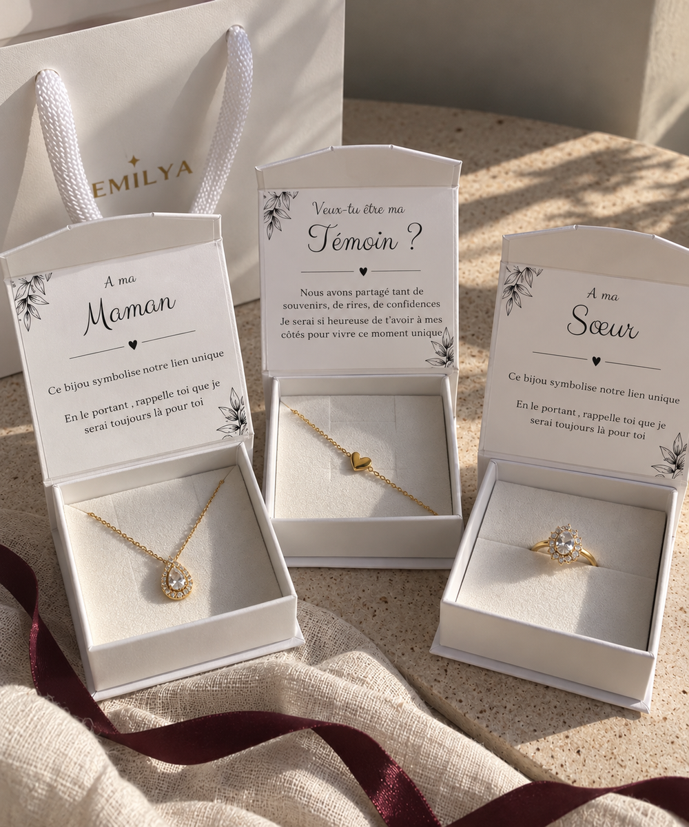 Boîtes messages Emilya Bijoux « À ma Maman », « Veux-tu être ma Témoin ? » et « À ma Sœur »