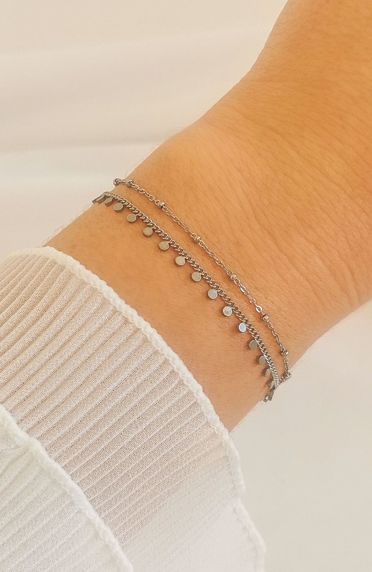 Bracelet Léane argenté, frange de pétales, double rang en acier inoxydable