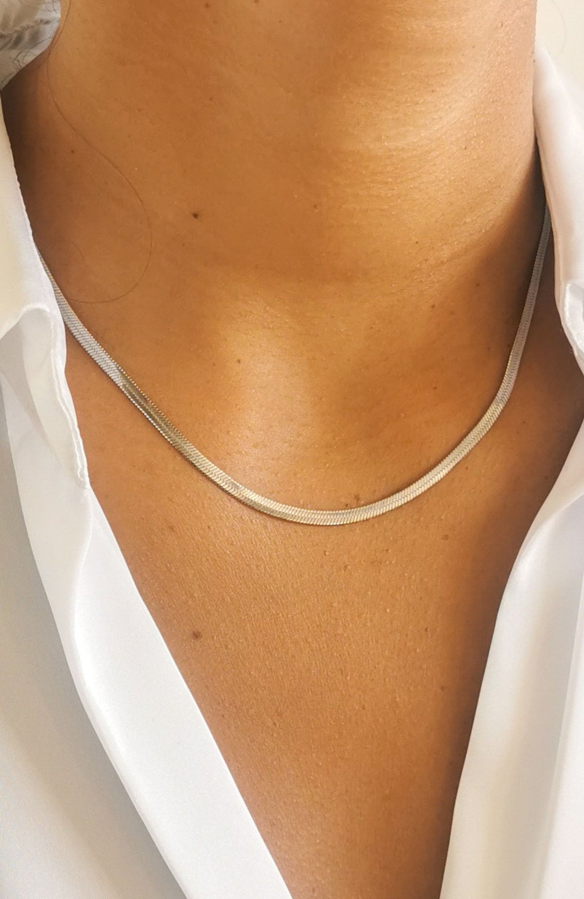 Collier chaîne plate façon serpentine en acier inoxydable argenté, porté au cou